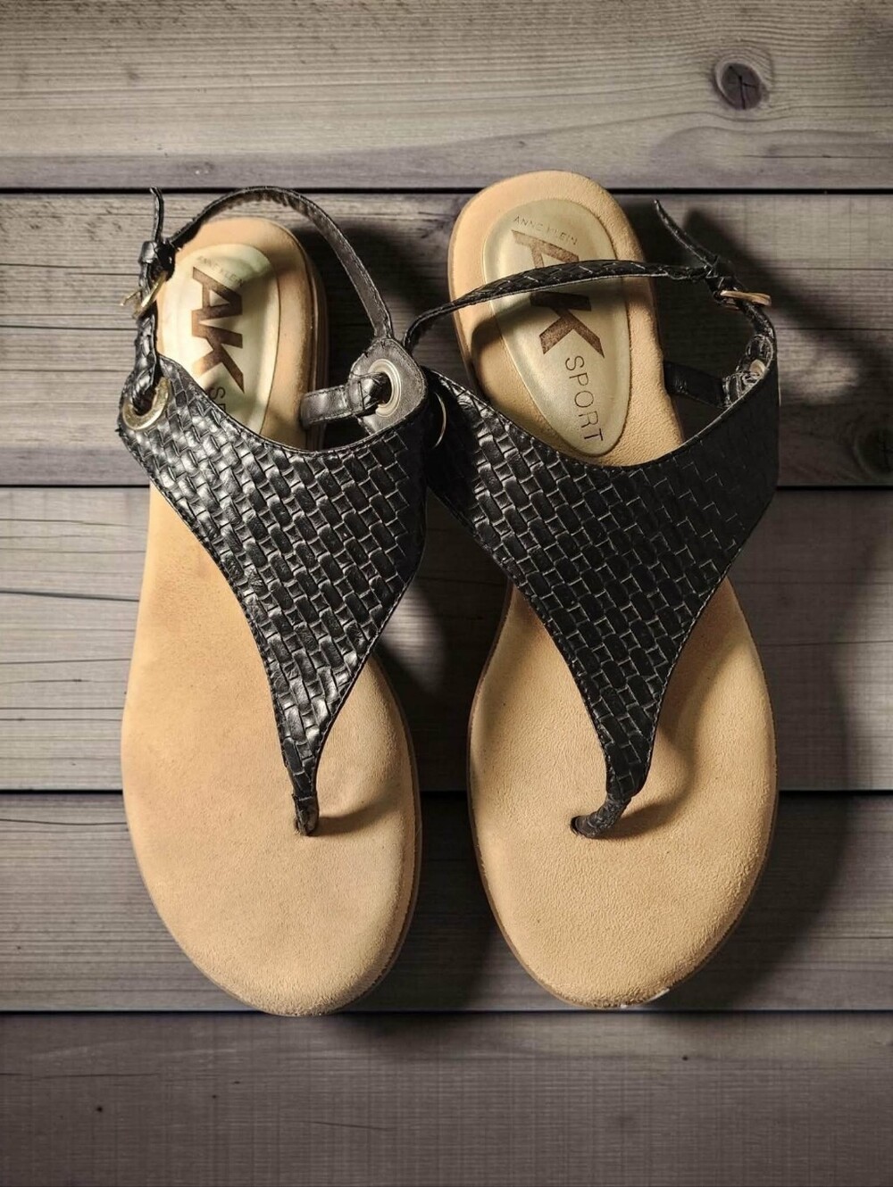 Anne Klein Black Woven Thong Sandals with Tan Footbed